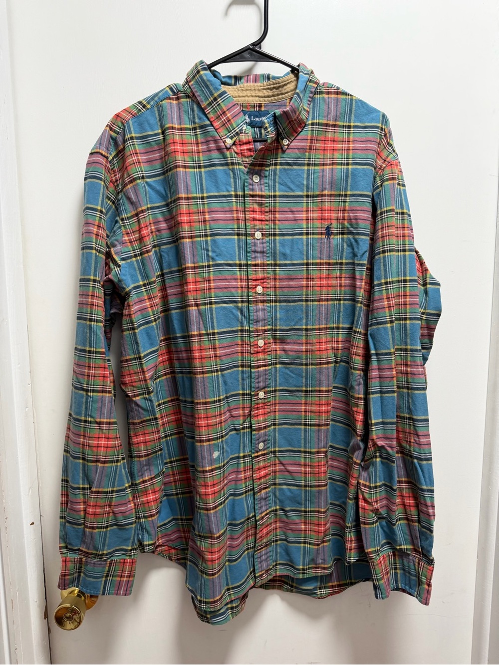 Ralph Lauren Men's Blue Multicolor Plaid Khaki Trim Button Up Shirt Sz XXL